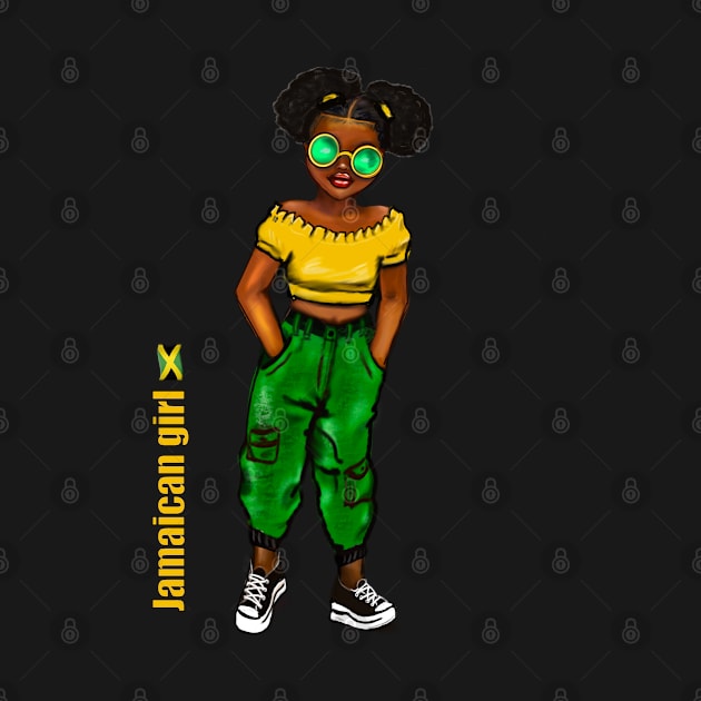 Jamaican girl in green shades with colours of Jamaican flag in black green and gold inside a heart shape by Artonmytee