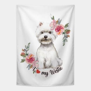 I Love My Westie Cute Westie Puppy with Flowers Watercolor Art Tapestry