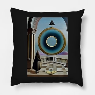 Surrealist painting like digital art of a Wizard in a balcony looking out at the Monad of creation Pillow