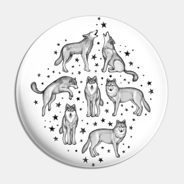 Wolves and Stars on White Pin by micklyn