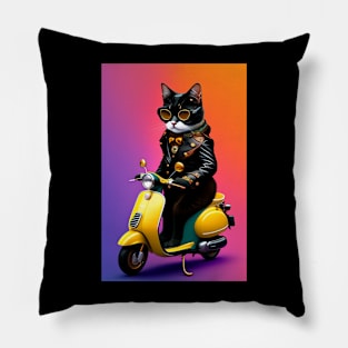 Funny cute cat drive motorcyrcle graphic design artwork Pillow