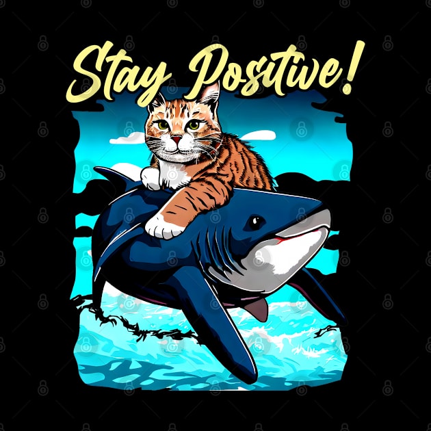 Stay Positive ! Funny Cat ride shark by T-shirt US