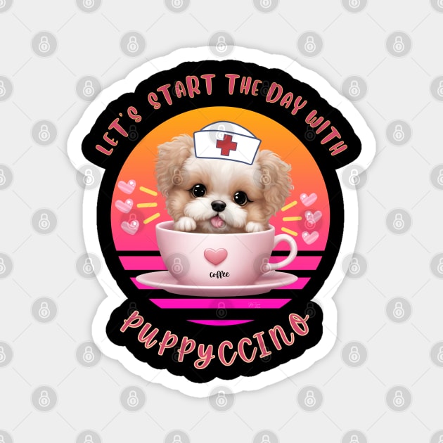 Let's start the day with Puppycinno, a cute kawaii poodle wearing nurse hat ia coffee cup, pun art Magnet by KIRBY-Z Studio