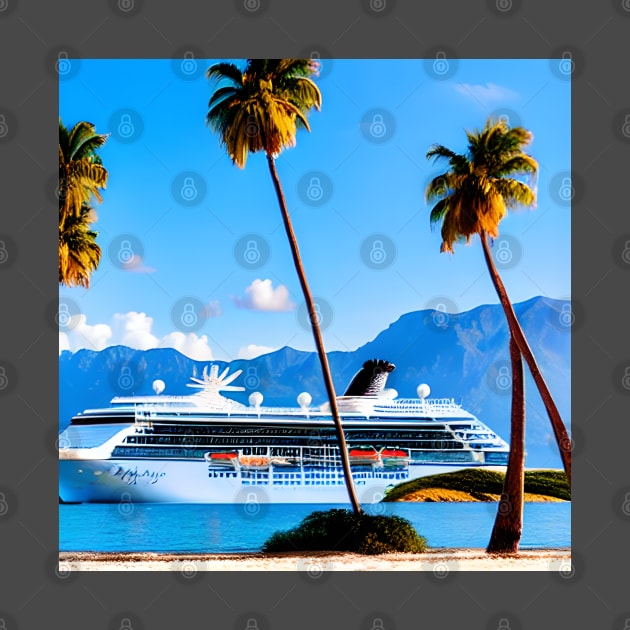 A Cruise Ship Sailing Past A Tropical Island With Mountains In The Background by Musical Art By Andrew