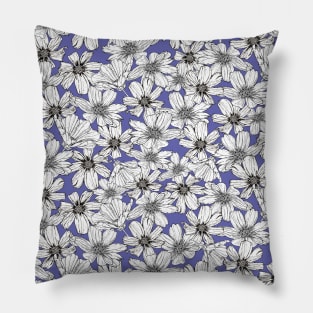 White Cosmos flowers on Very peri blue Pillow