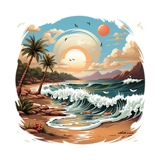 A cute kawaii style beach scene with animated T-Shirt