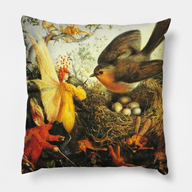 COCK ROBIN DEFENDING HIS NEST FROM FAIRIES IN WOODLAND Pillow by BulganLumini