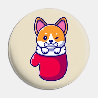 Cute Shiba Inu Dog Bite Bone In Glove Cartoon Pin