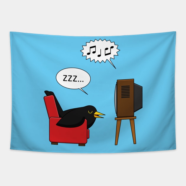 Blackbird Sleeping in Front of the TV Comic Tapestry by BirdAtWork