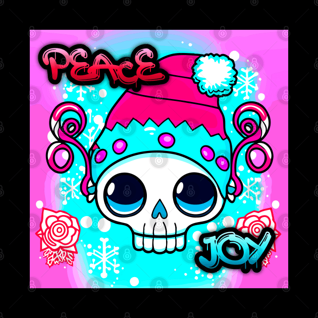 Peace Joy Kawaii Skull - Christmas Graphic Graffiti Art - Holiday Gift by MaystarUniverse