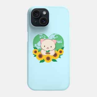 Love Our Planet Cute White Cat and Sunflowers Kawaii Earth Day Phone Case