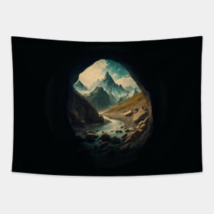 Mountains and Travel rounded graphic design Tapestry