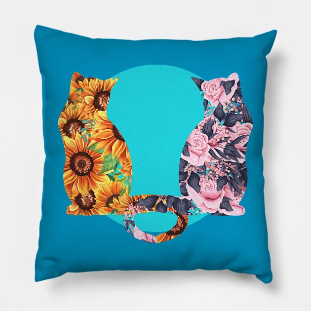 Flower Cats Sunflowers and Roses Pillow by Flo Art Studio