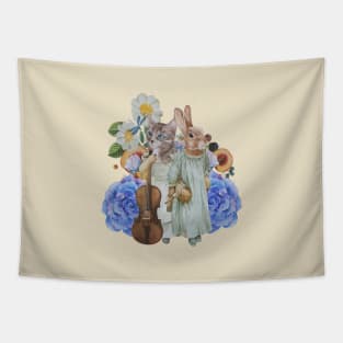 rabbit & cat collage art Tapestry