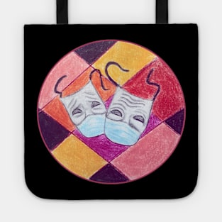 Theater masks wearing corona / covid 19 face masks - sock and buskin - ancient symbols of comedy and tragedy In Greek theatre Tote