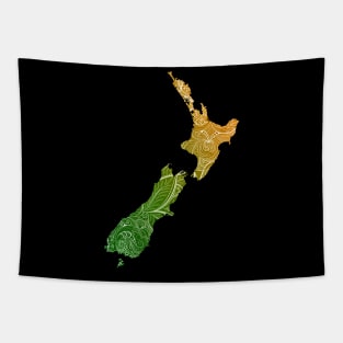 Colorful mandala art map of New Zealand with text in green and orange Tapestry