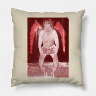 Portrait. Digital collage, special processing. Man in briefs, looking. Angel. Red and white, darker.. Pillow