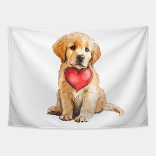 Valentine Golden Retriever Holding Heart Tapestry