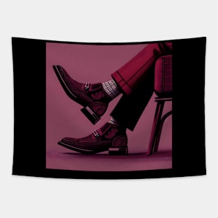 Man sitting with boots in dark pink fashion, power and confidence Tapestry