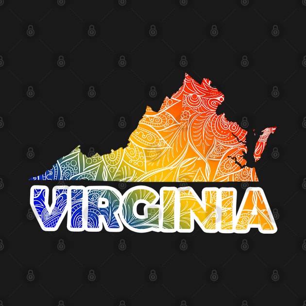 Colorful mandala art map of Virginia with text in blue, yellow, and red by Happy Citizen