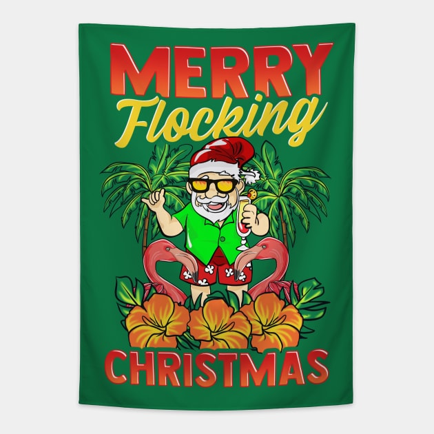 Merry Flocking Christmas Santa Flamingos Xmas Tapestry by E