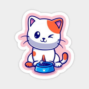 Cute Cat Eating Fish Cartoon Magnet