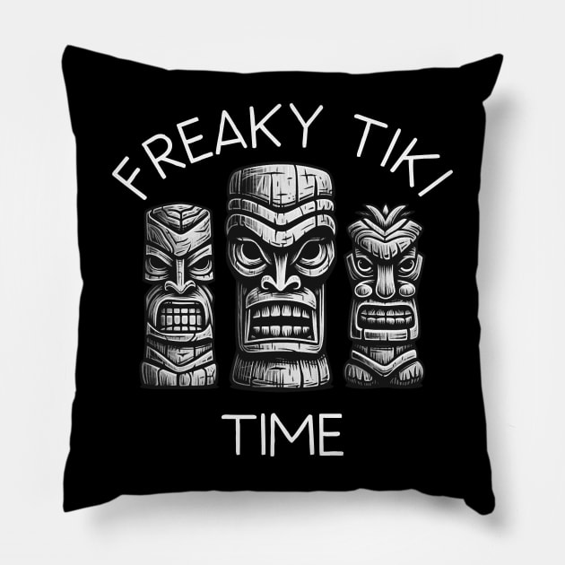 Three Tiki Statues - Freaky Tiki Time (White Lettering) Pillow by VelvetRoom