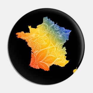 Colorful mandala art map of France with text in blue, yellow, and red Pin