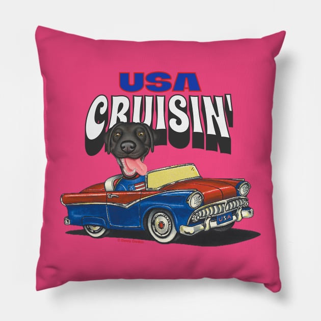 Humorous funny and cute black lab is driving a vintage car through the USA tee Pillow by Danny Gordon Art