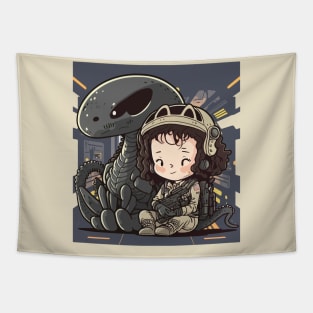 Ellen Ripley and The Xenomorph Cute and Chibi Version of Alien Tapestry