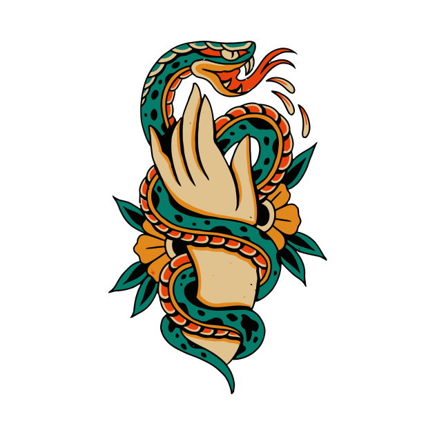 American Traditional Tattoo Snake wrapping Hand with Flowers by KenzieDesignCo