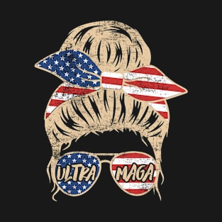 Ultra Maga Messy Bun Pro Trump USA Flag Distressed T-Shirt