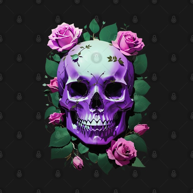 Aesthetic Delight: Halloween Green and Violet Skull Artwork with Urban Rose Accents by Tanguarts