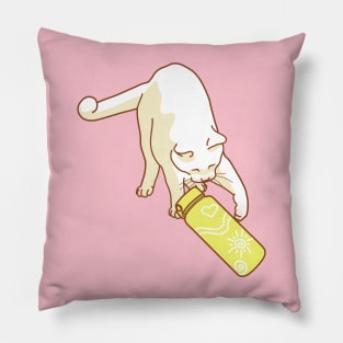 White cat knocking yellow water bottle Pillow