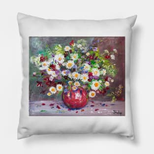 Bouquet of Forest Flowers in a Red Vase Pillow