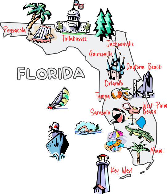 tourism map of Florida state, USA, major cities, attractions, flag Kids T-Shirt by Mashmosh