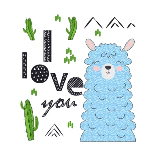 Lama is cute in the Scandinavian style, fashionable, cool, among cacti and mountains. Inscription I love you T-Shirt