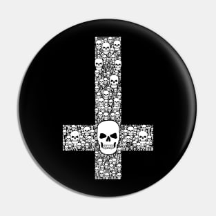 Upside down Cross made of skulls, white Pin