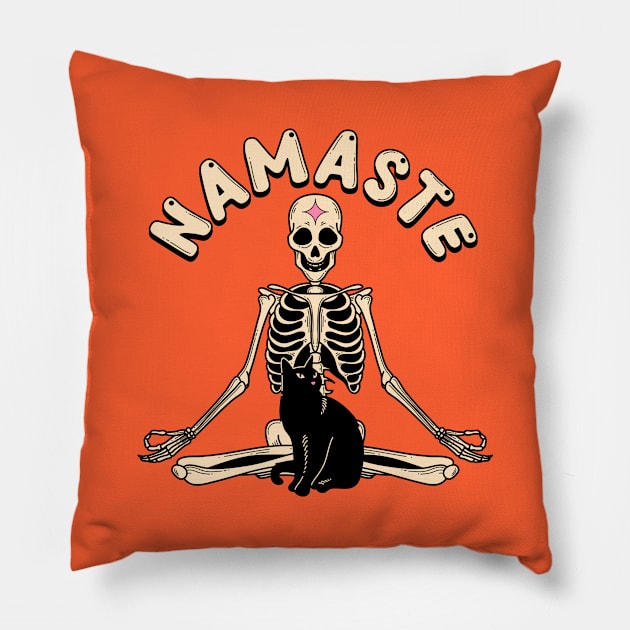 Yoga Namaste Black Cat in orange Pillow by The Charcoal Cat Co.