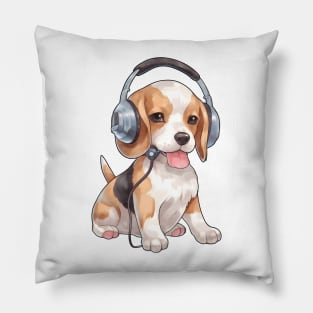 Watercolor Beagle Dog with Headphones Pillow