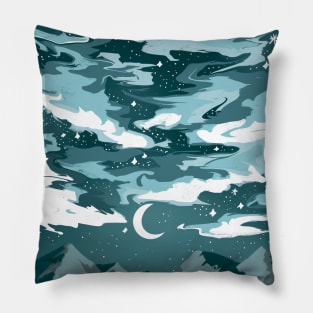 Teal cloudy sky above mountains with a crescent moon Pillow