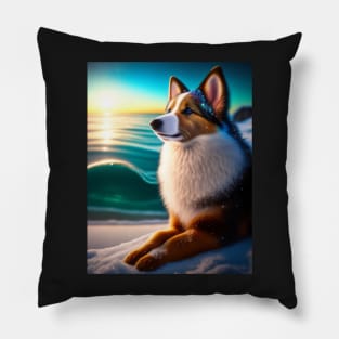 Shiny Sheltie Shimmers on Winter Beach Pillow