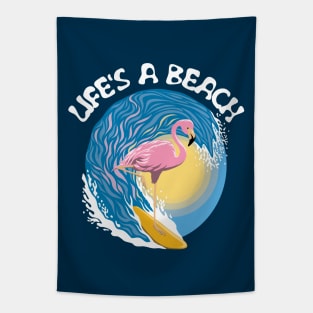 Life's a beach - Surfing Flamingo Tapestry