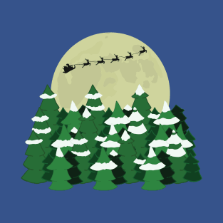 Santa Sleigh Over Rustic Christmas Trees and Full Moon 2 T-Shirt