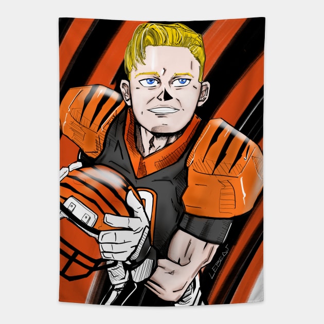 the joe burrow, bengal of cincinatti in cartoon anime style Tapestry by jorge_lebeau