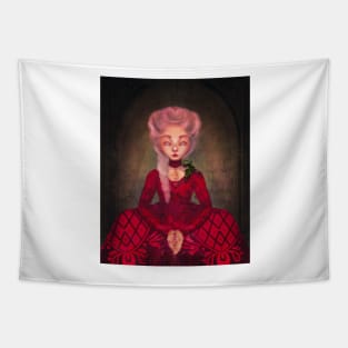 Dangerous Liaisons  Anime Marie Antoinette Fantasy Fashion Illustration in Lowbrow pop surrealism style with green baby dragon Tapestry