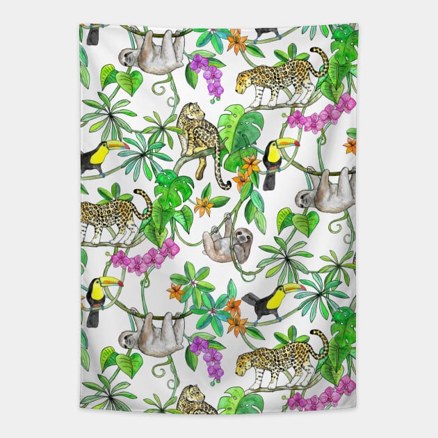 Rainforest Friends - watercolor animals on mint green Tapestry by micklyn