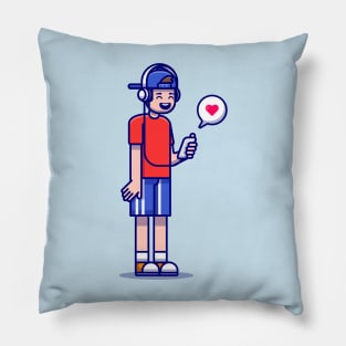 Cute Boy Listening Music With Headphone Cartoon Pillow