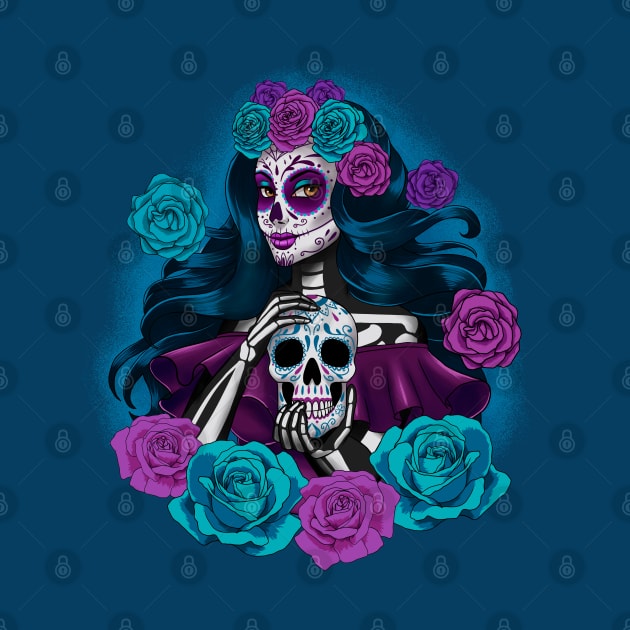 mexican catrina holding a sugar skull with flowers by ISAGU ART STORE