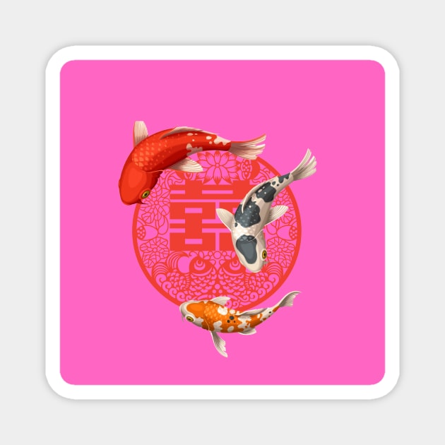 Double Happiness Koi Fish Hot Pink with Red Symbol - Hong Kong Retro Magnet by CRAFTY BITCH
